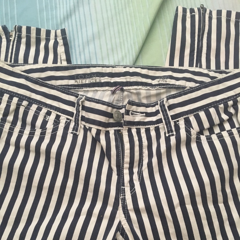 Navy blue and white striped jeans